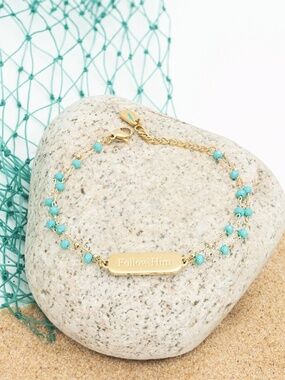 Gold and Turquoise crystal beaded bracelet with "Follow Him" gold plate